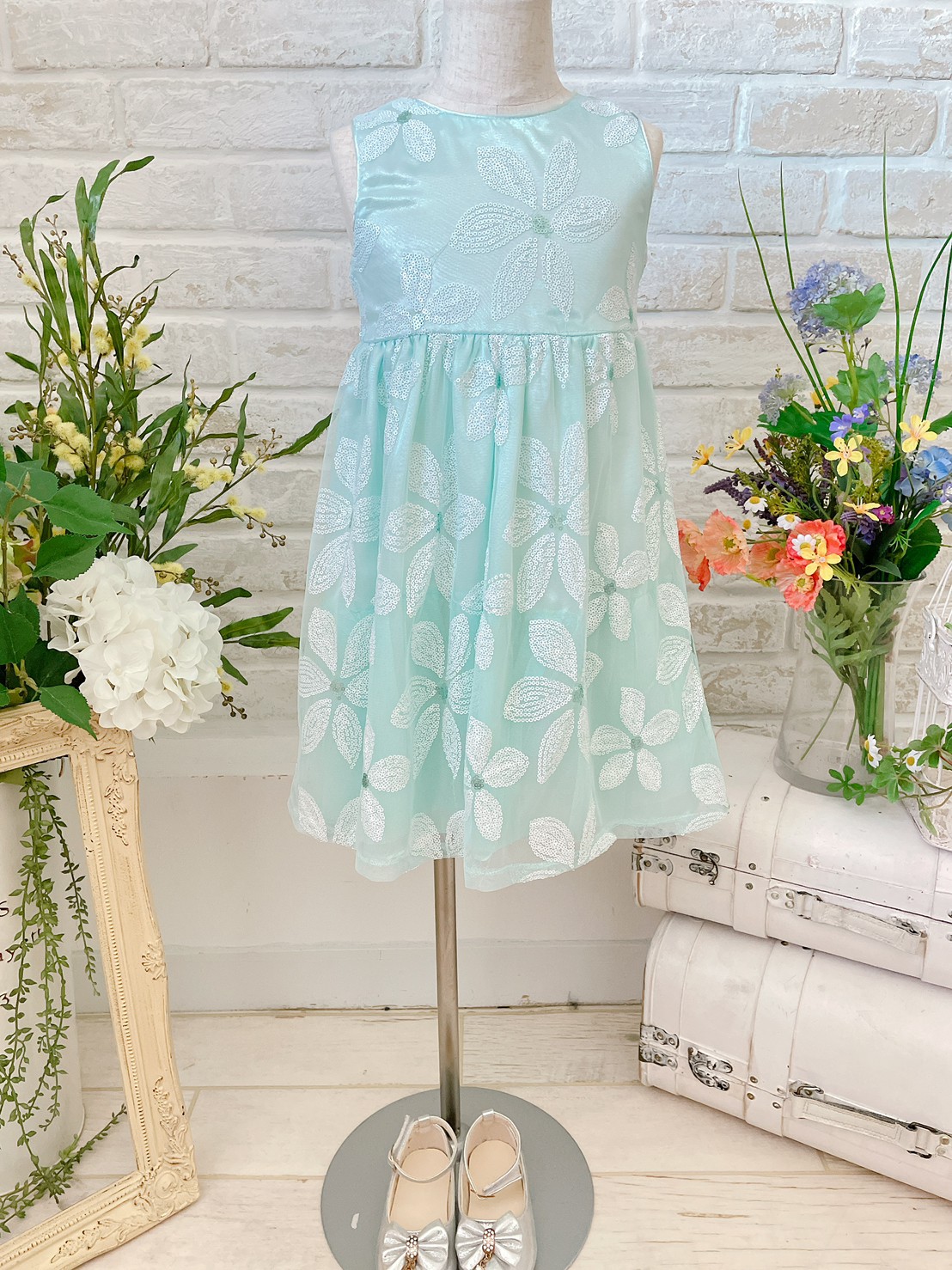 水色ホワイト花柄キッズドレス【3T】【90～100㎝】