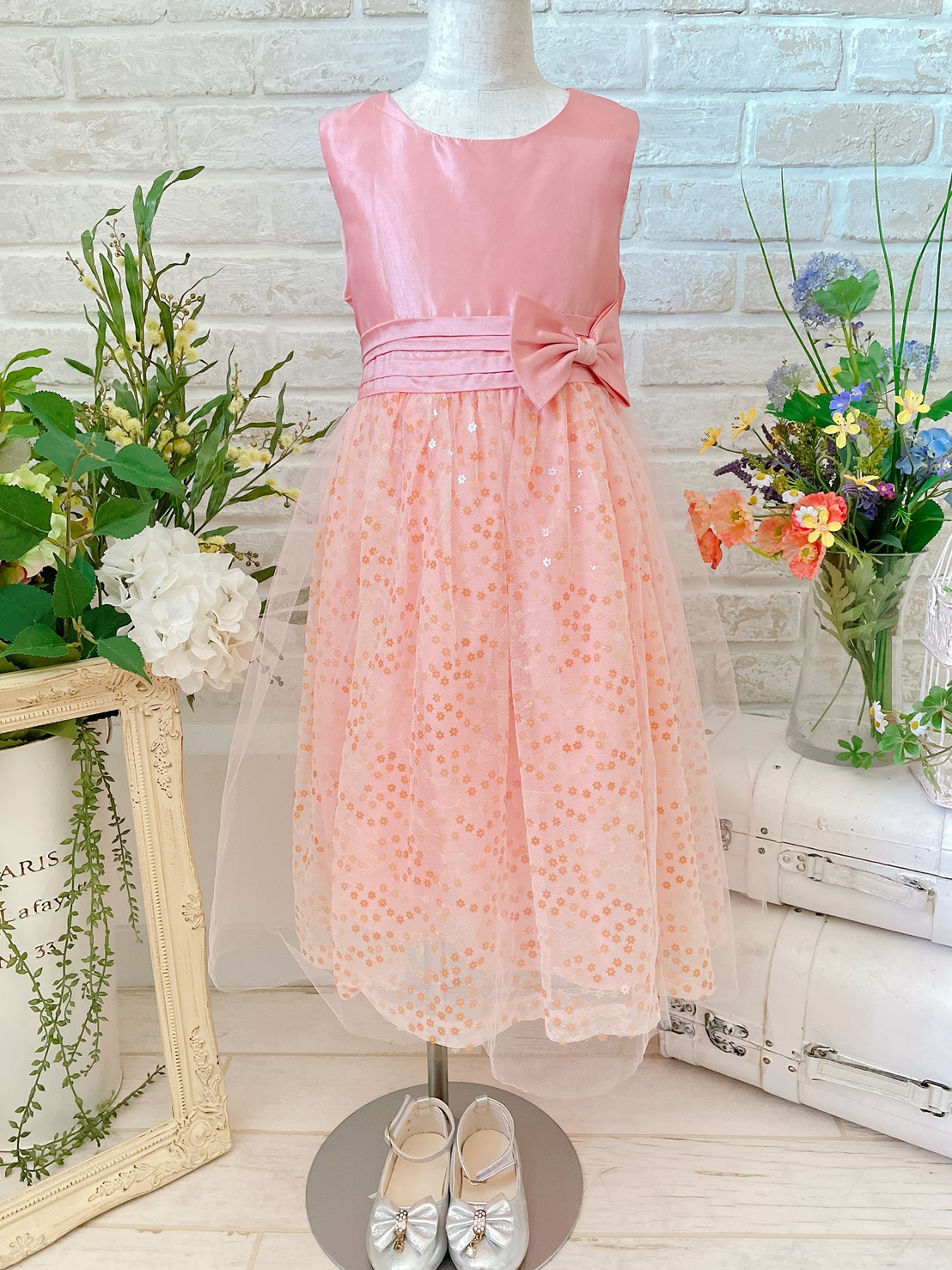 ピンクお花スパンコールスカートキッズドレス【6】【120㎝】
