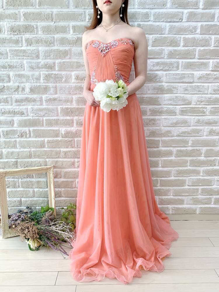 【パーティードレス】コーラルピンク　チュール×ビジュー　LL  13号