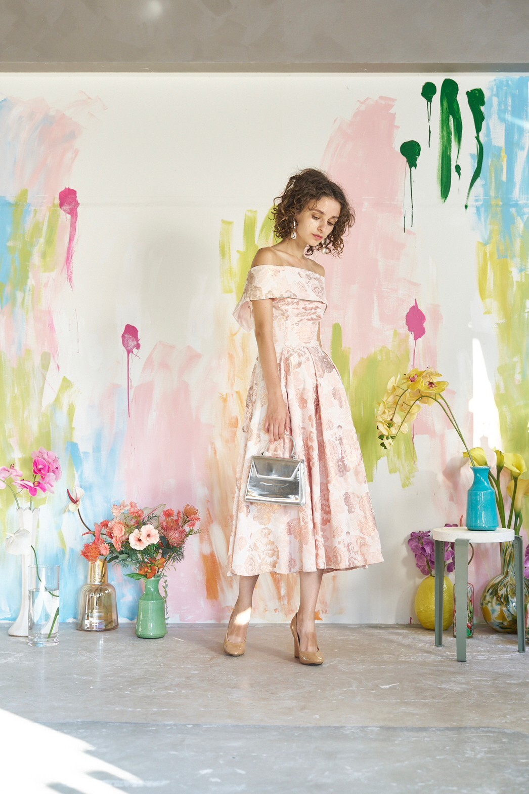 【ゲストドレス】ピンクジャガード　花柄オフショルダー　L〜LL