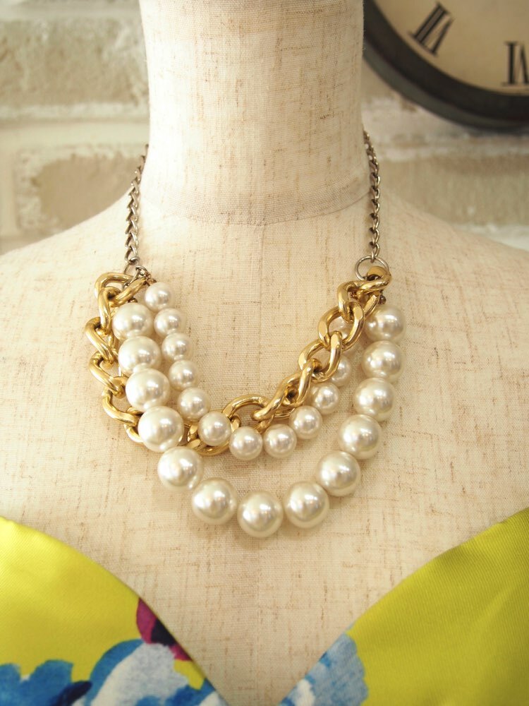 【ネックレス】ワイドチェーン×パール　ゴールド