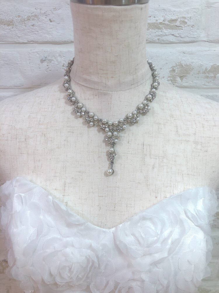 【ネックレス】シルバーY字　パール大小ダイヤ