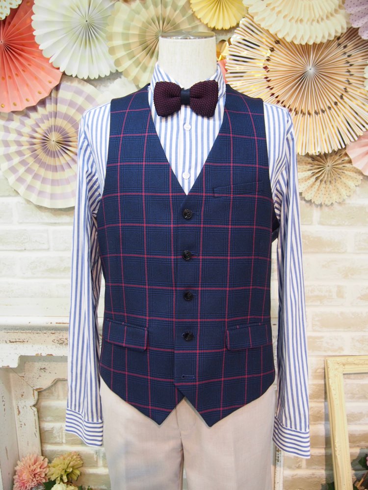 【ベスト単品】ネイビー×レッド　チェック　L 40