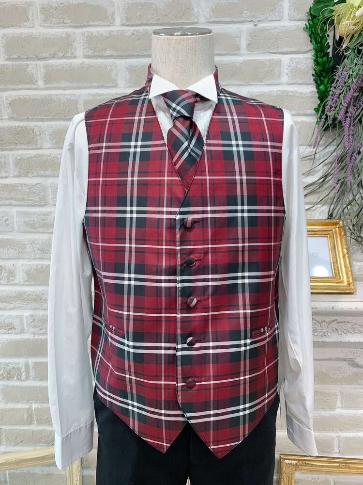 【ベスト単品】レッド　タータンチェック　M〜L