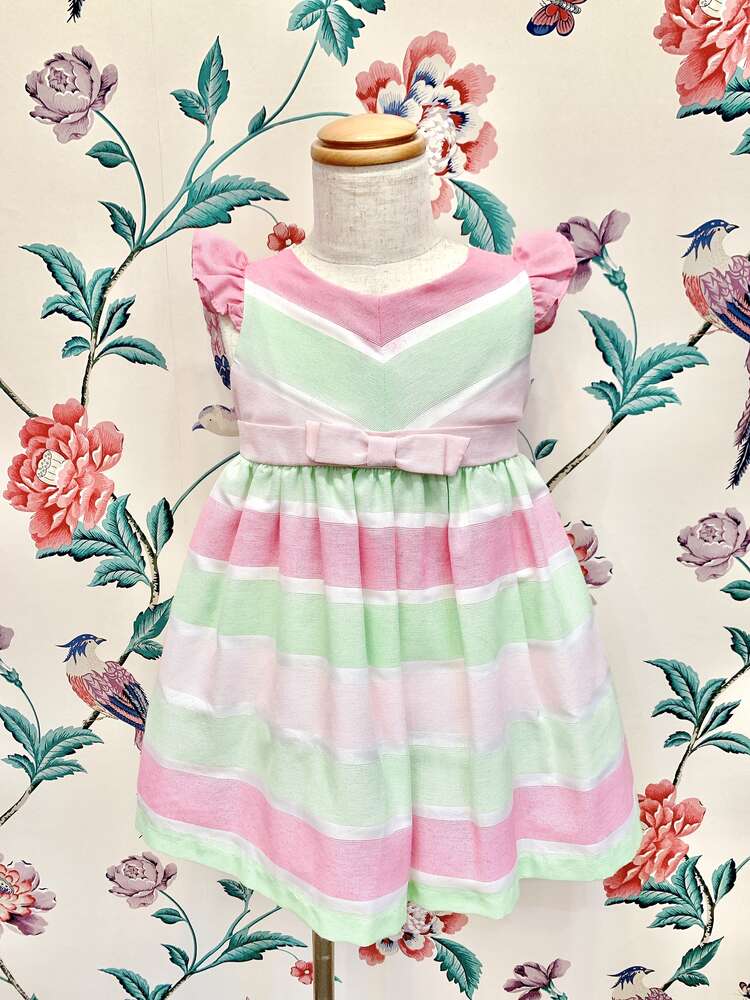 【キッズドレス】ピンク×グリーンストライプフリルスリーブドレス　80〜90cm