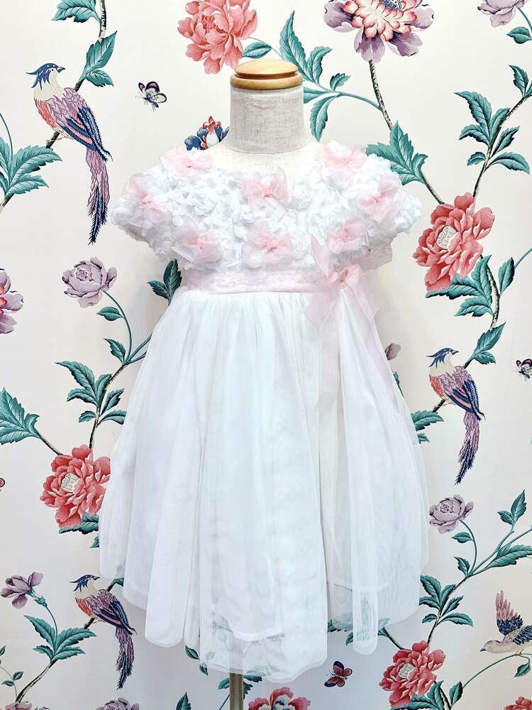 【キッズドレス】ホワイト×ピンク フラワーフリルチュールドレス80〜90cm
