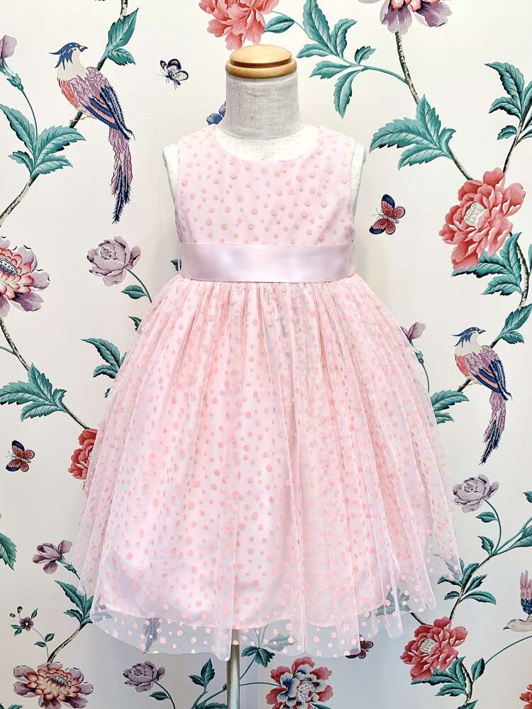 【キッズドレス】ピンクドットチュールドレス　90〜100cm