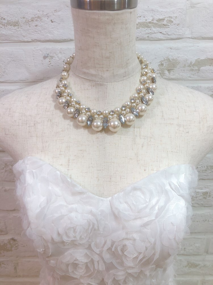 【ネックレス】ゴールド大小パール×ダイヤビジュー