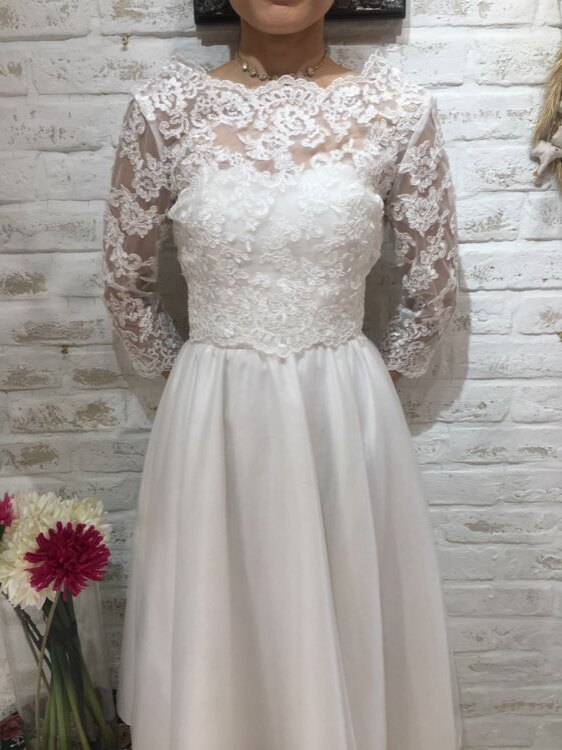 7分袖ホワイトレース後ろボタンウェディングボレロ