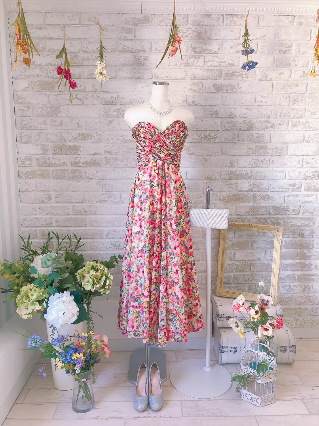 【ブライズメイド】カラフル花柄ベアアンクル丈ドレス