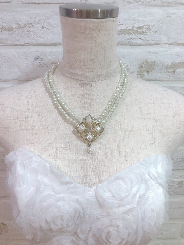 【ネックレス】ひし形モ　パール2連