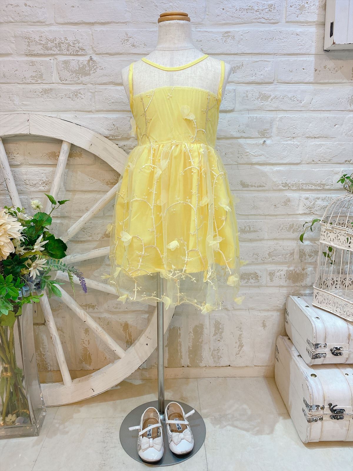 (7)ひまわりイエローレースお花ドレス70-80cm