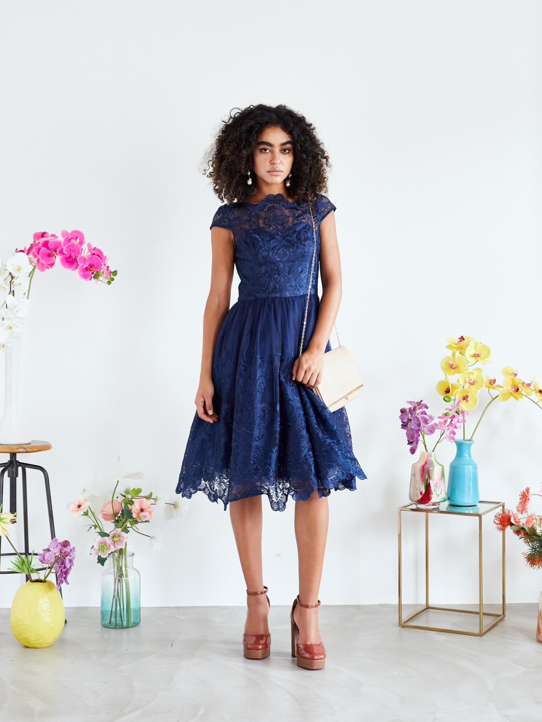 【パーティドレス】ネイビー総レースふんわり袖ありドレス