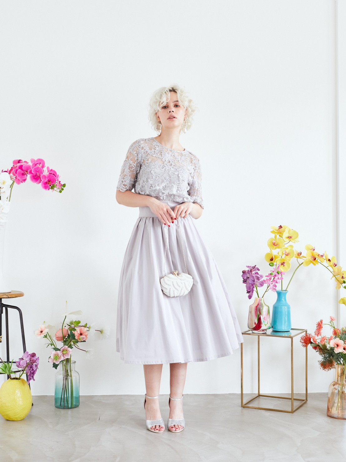 【ゲストドレス】アイスグレーレース　ミモレ丈