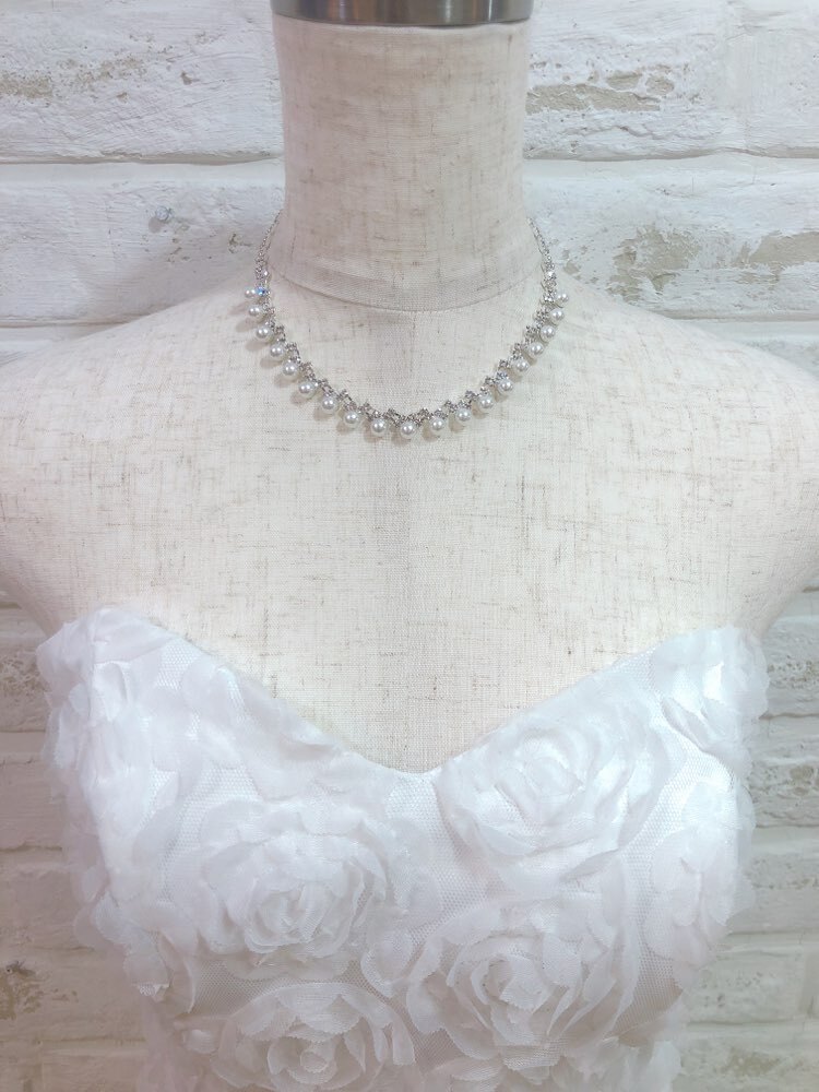 【ネックレス】小粒パール　スラッシュシルバーストーン