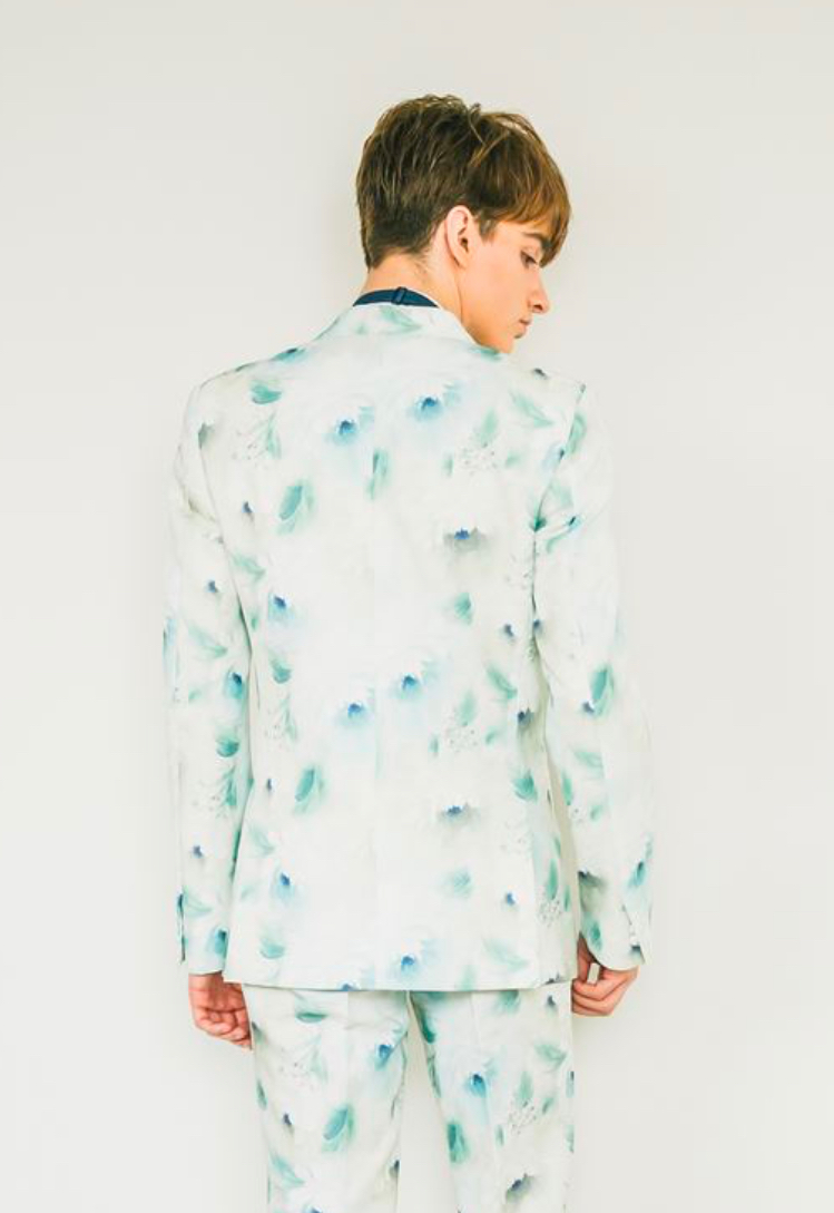 【ジャケット単品】ホワイトブルー花柄ロングジャケット　LL