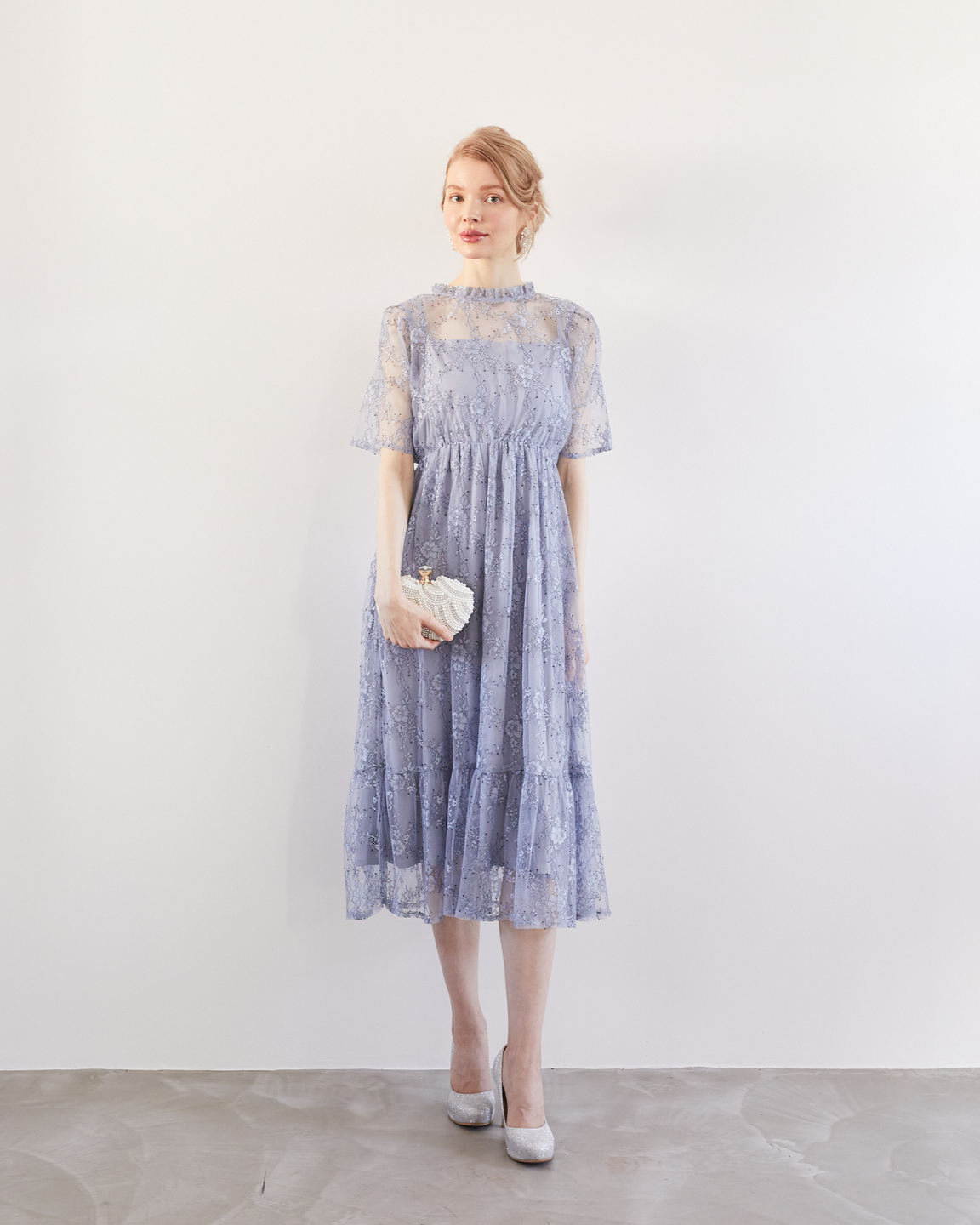 【ゲストドレス】ライトブルー　半袖　総レース　M