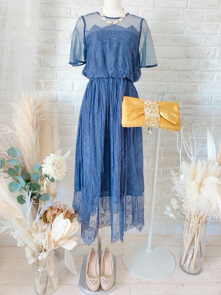 Navy/チュール×刺繡レースドレス