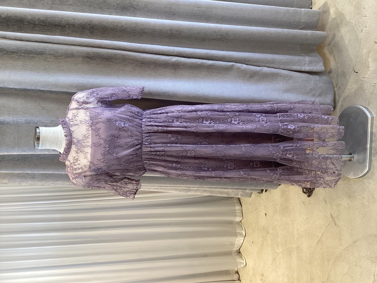 【ゲストドレス】モーヴピンク　総レース　五分丈スリーブ　M