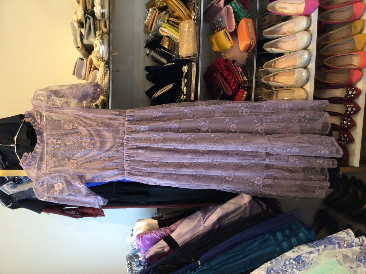 【ゲストドレス】モーヴピンク　総レース　五分丈スリーブ　M