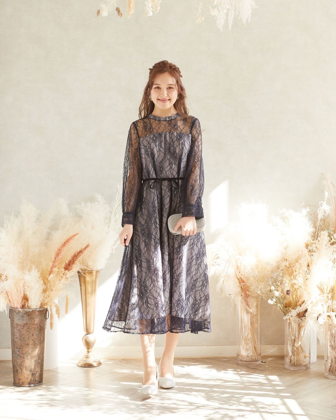 【ゲストドレス】ネイビー　ブラックリボン　ロングスリーブM