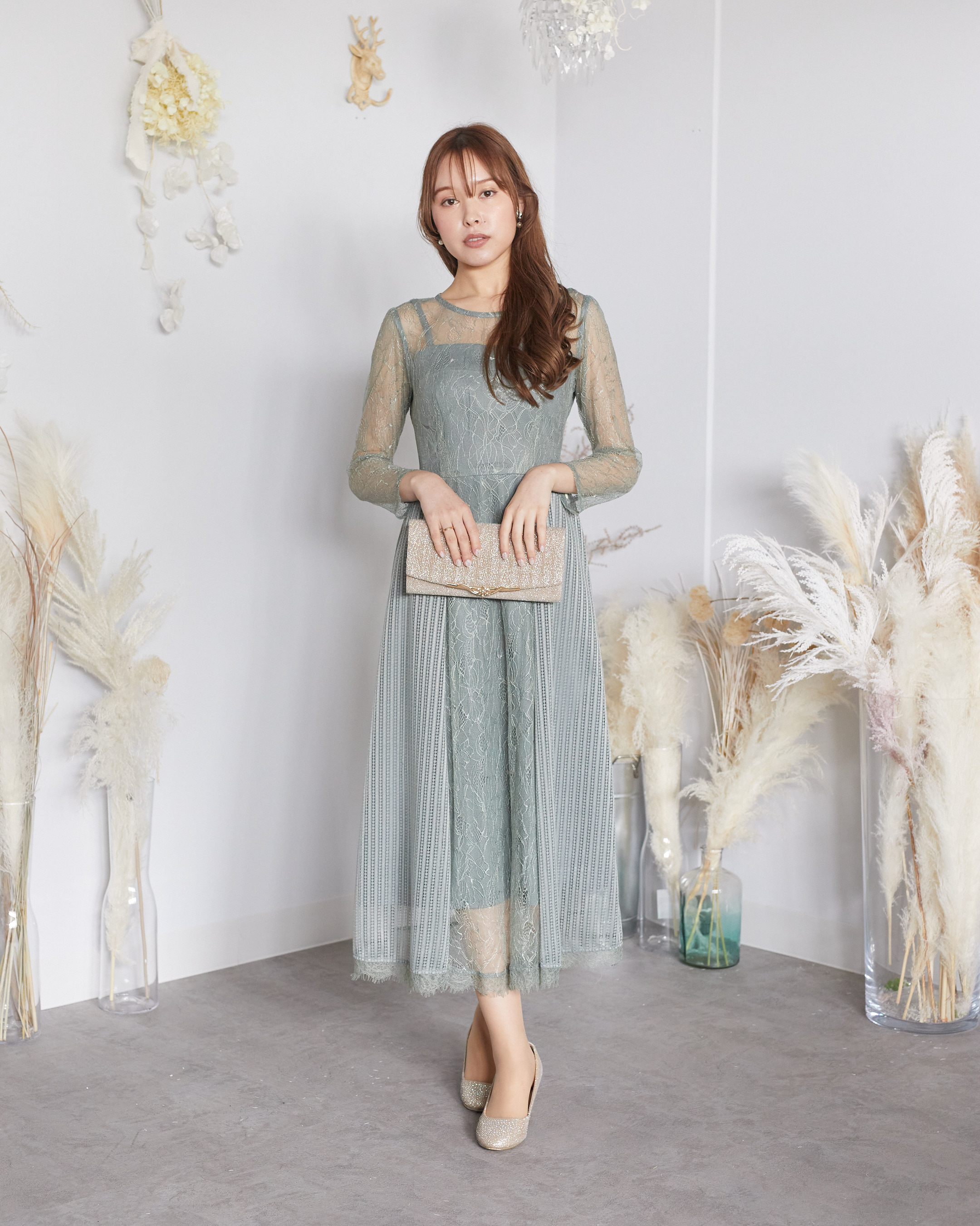 【ゲストドレス】グリーンレースドレス　ロングスリーブ編み上げ　L