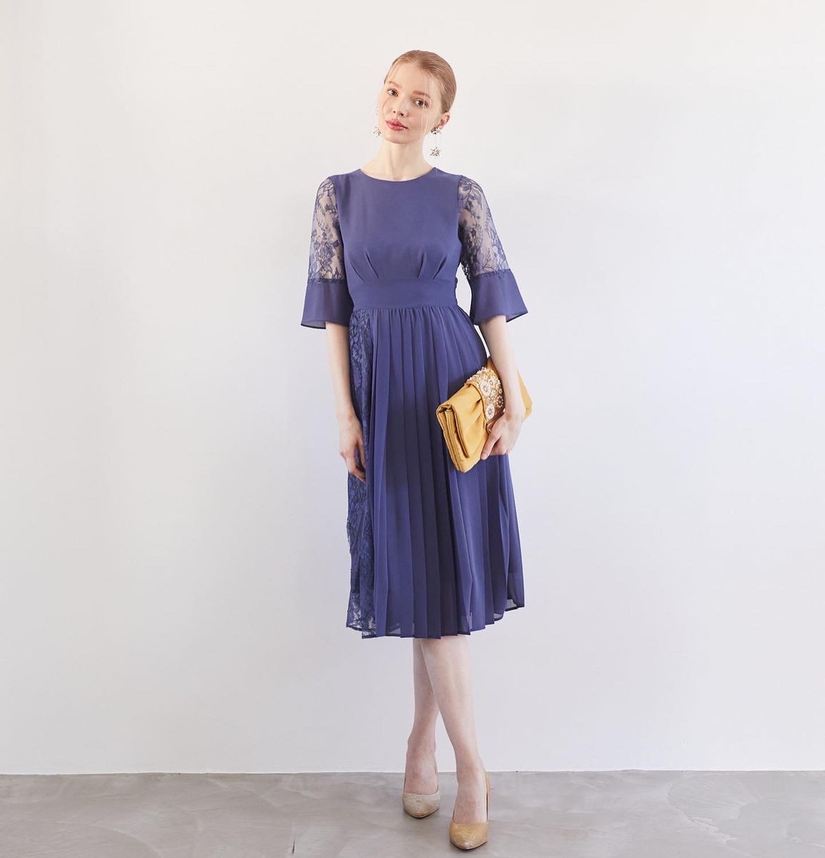 【ゲストドレス】群青　プリーツ×レース切替　S