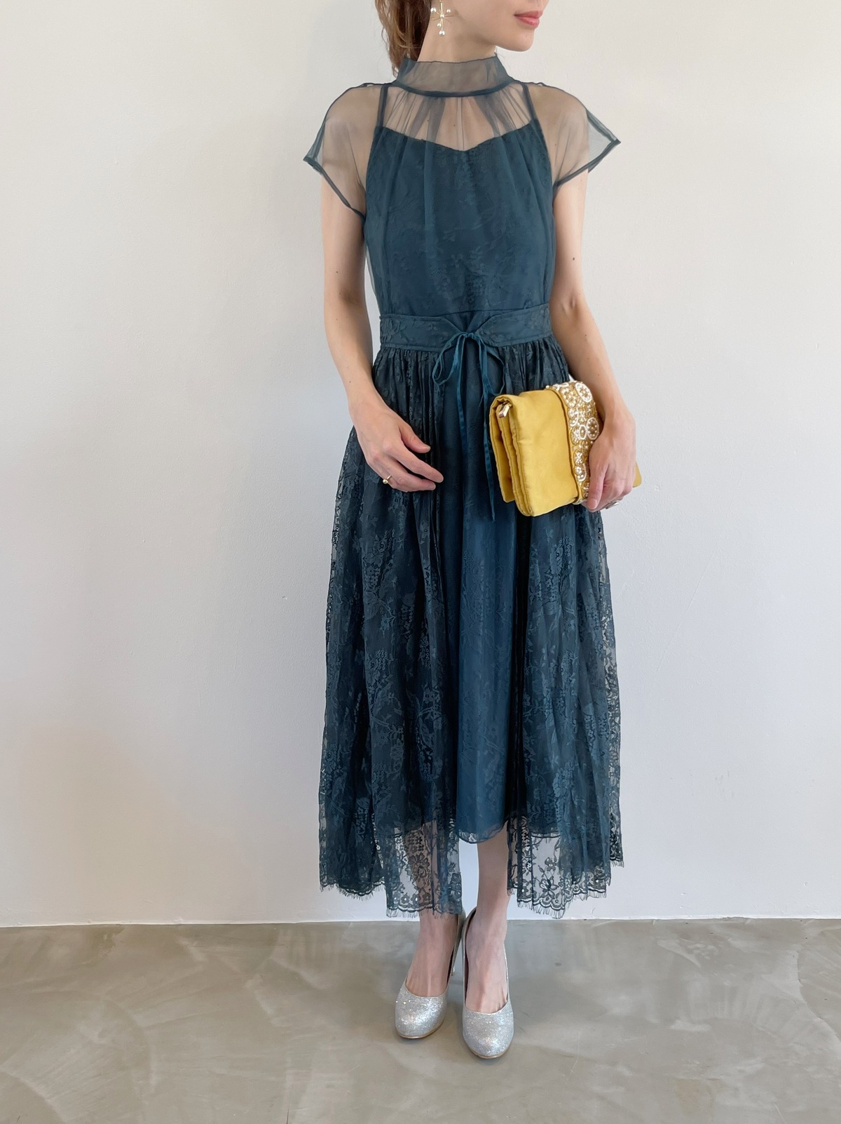 【ゲストドレス】ターコイズグリーン　2重レースドレス　S-M  Lily Brown