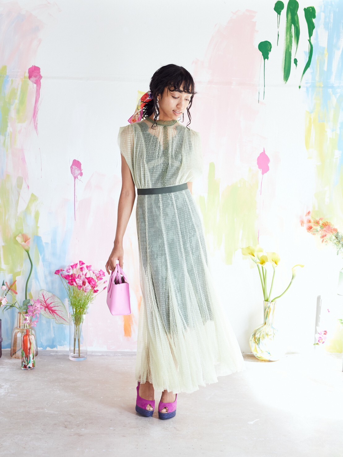 【ゲストドレス】ライムグリーン　インナーグリーン総レース×ドットチュールオーバードレス　XS-S  SNIDEL