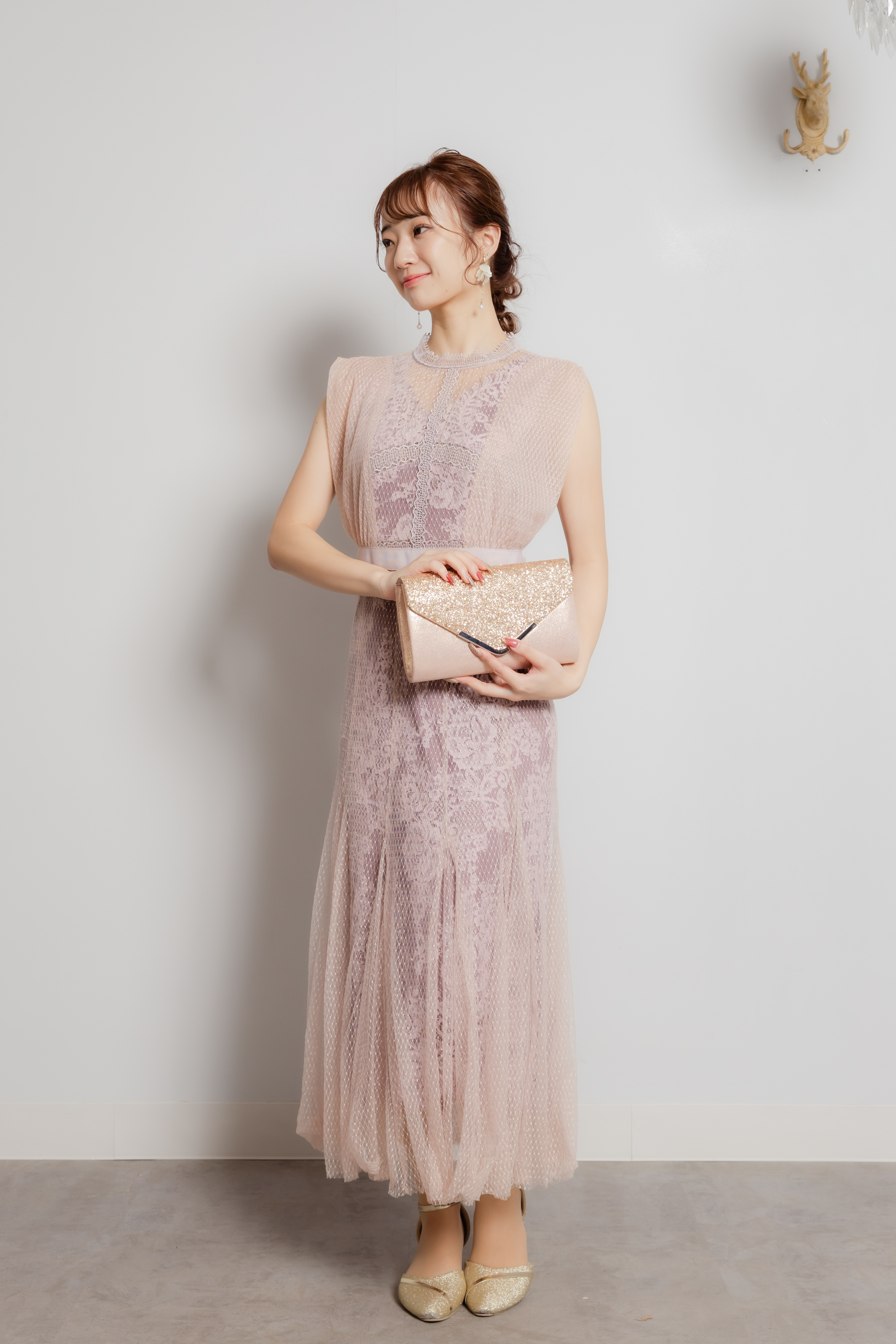 ダスティピンクあずき色内側総レースドレスドットチュールオーバードレス付ドレスXS-S