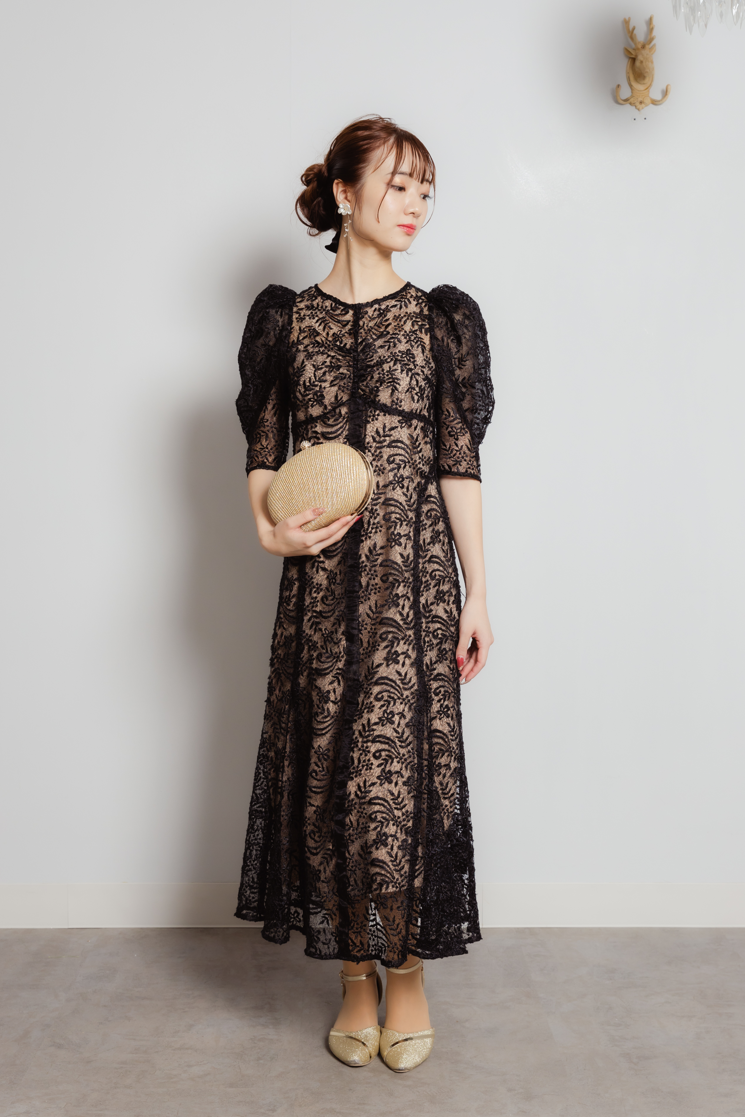 FRAY I.D ブラックフラワーレースパワーショルダードレス　S