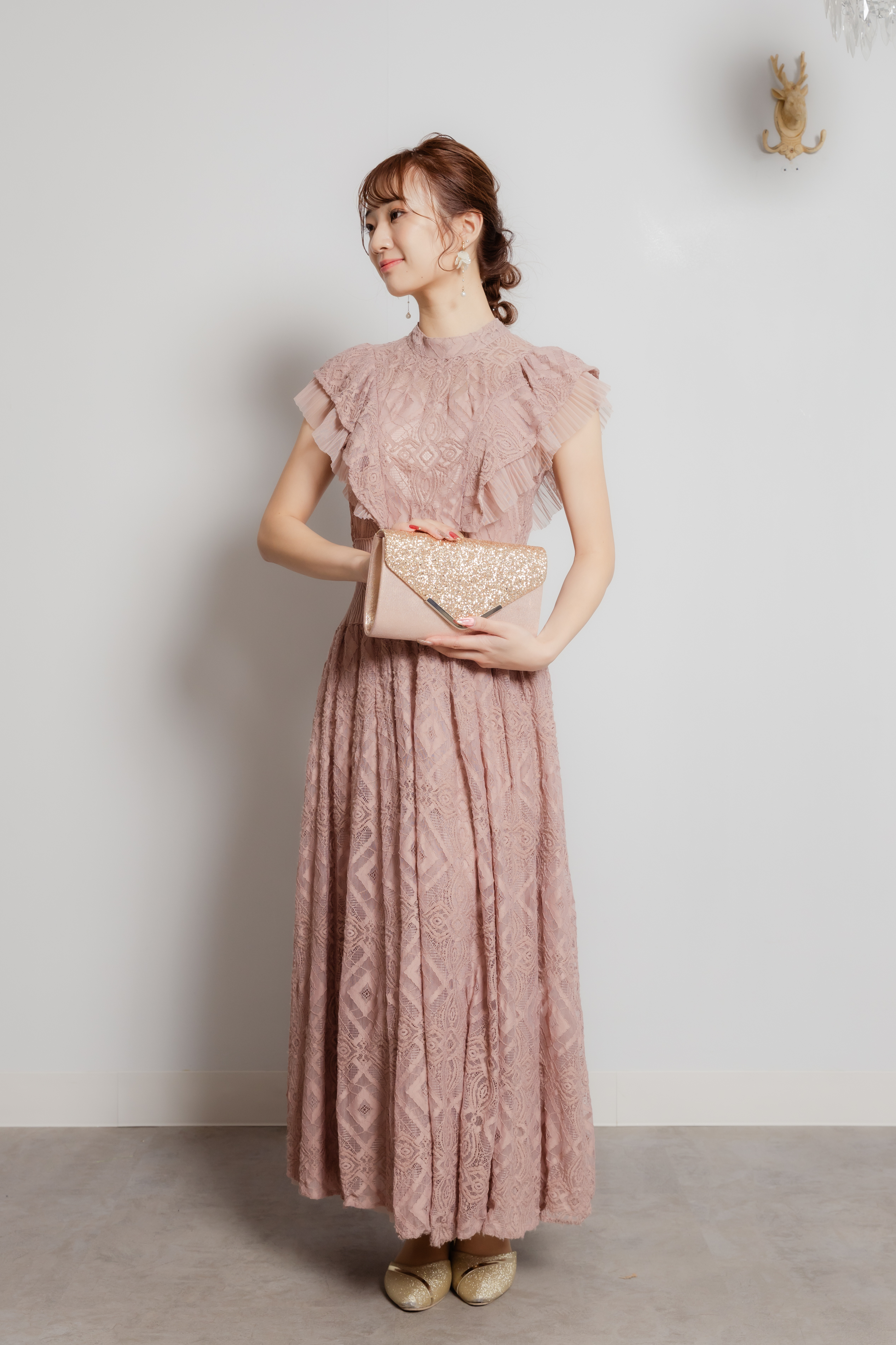 snidel ダスティピンク袖フリルウエストニットレースドレス　S-M