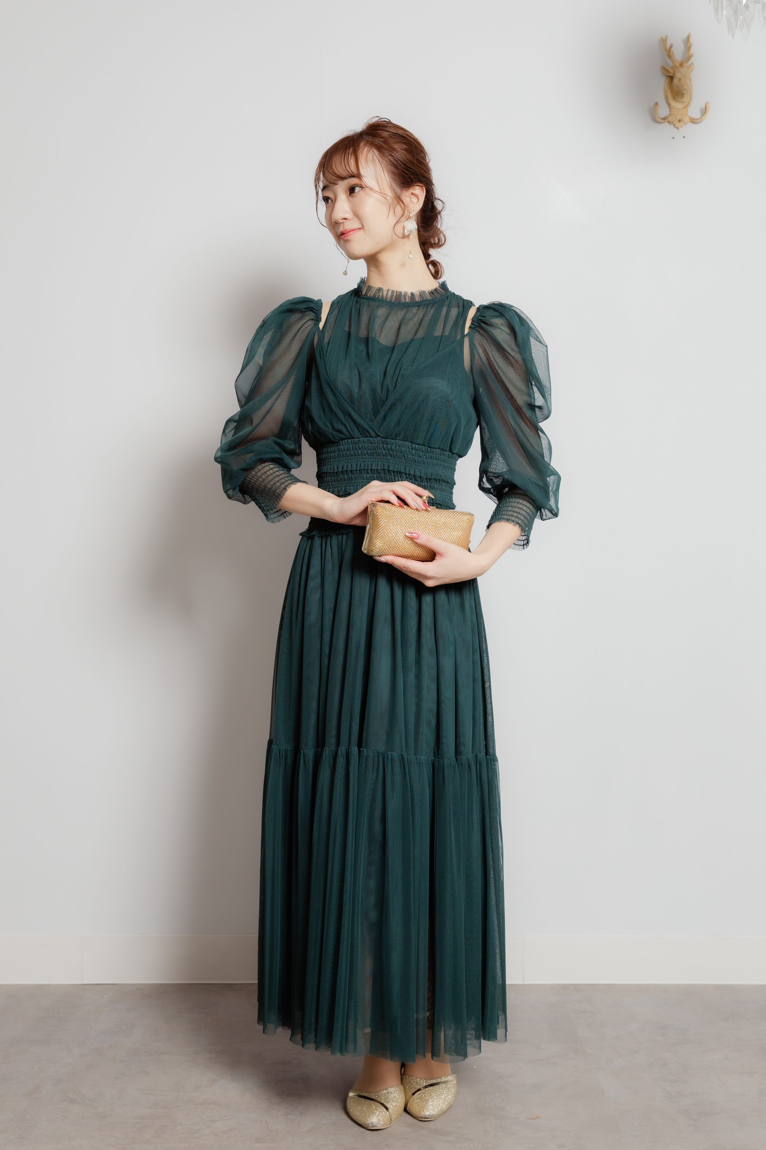 フォレストグリーン深緑　チュールレースドレス　XS～M