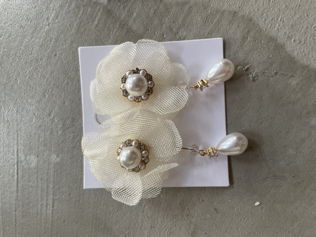 【ピアス】チュールフラワー×ドロップパール