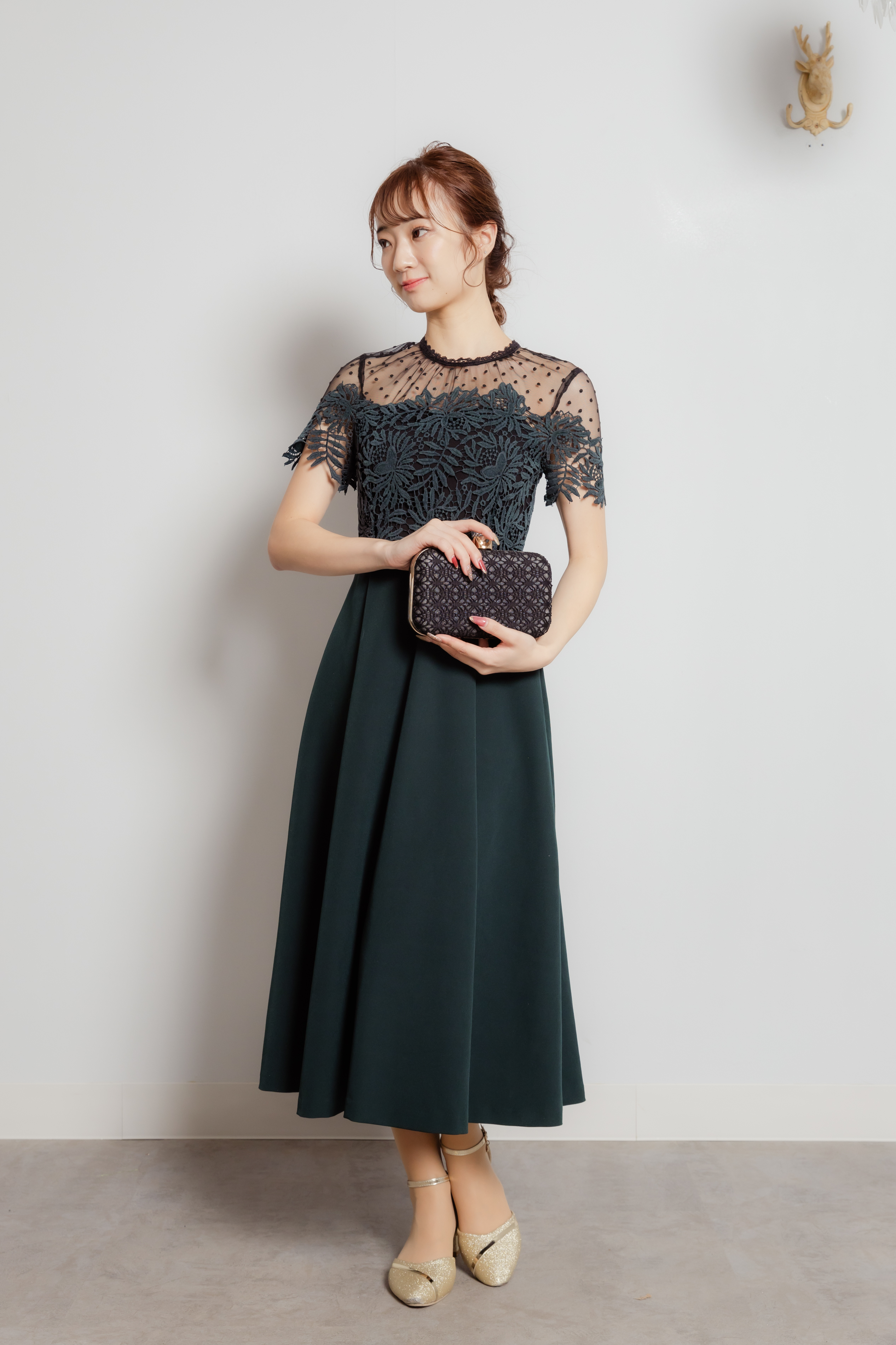 フォレストグリーン　フロッキーレース×ブラックドットレースコンビドレス S