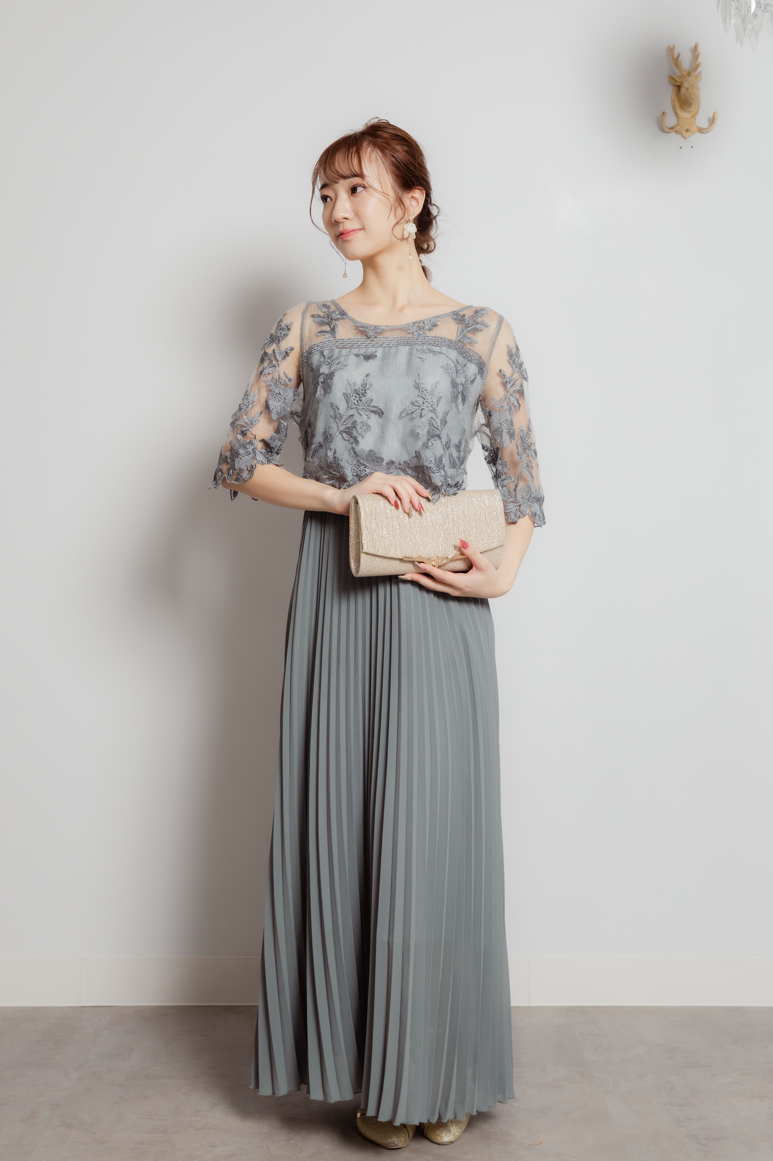 ライトカーキ　レーススリーブ×プリーツスカート切替ロングドレス 3L