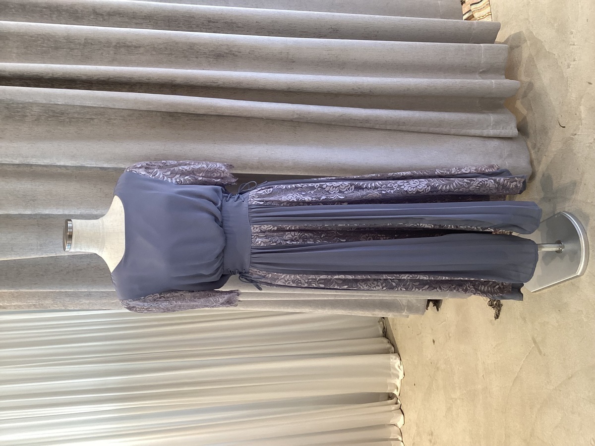 【ゲストドレス】ブルーグレー　プリーツレース　 L