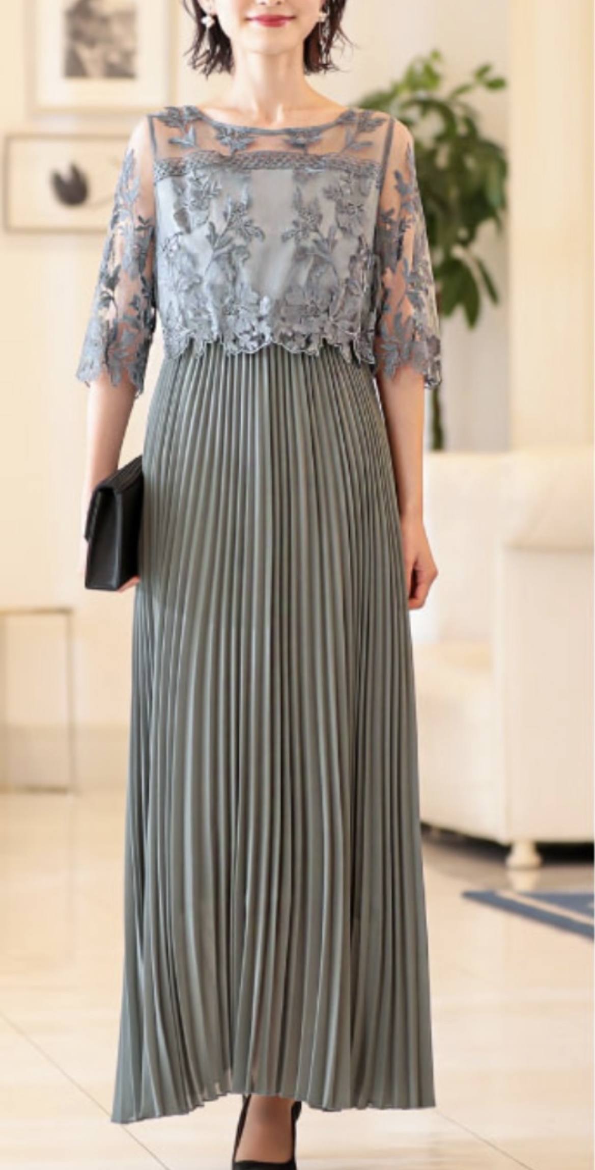 【ゲストドレス】カーキ五分袖レース×プリーツスカート　3L