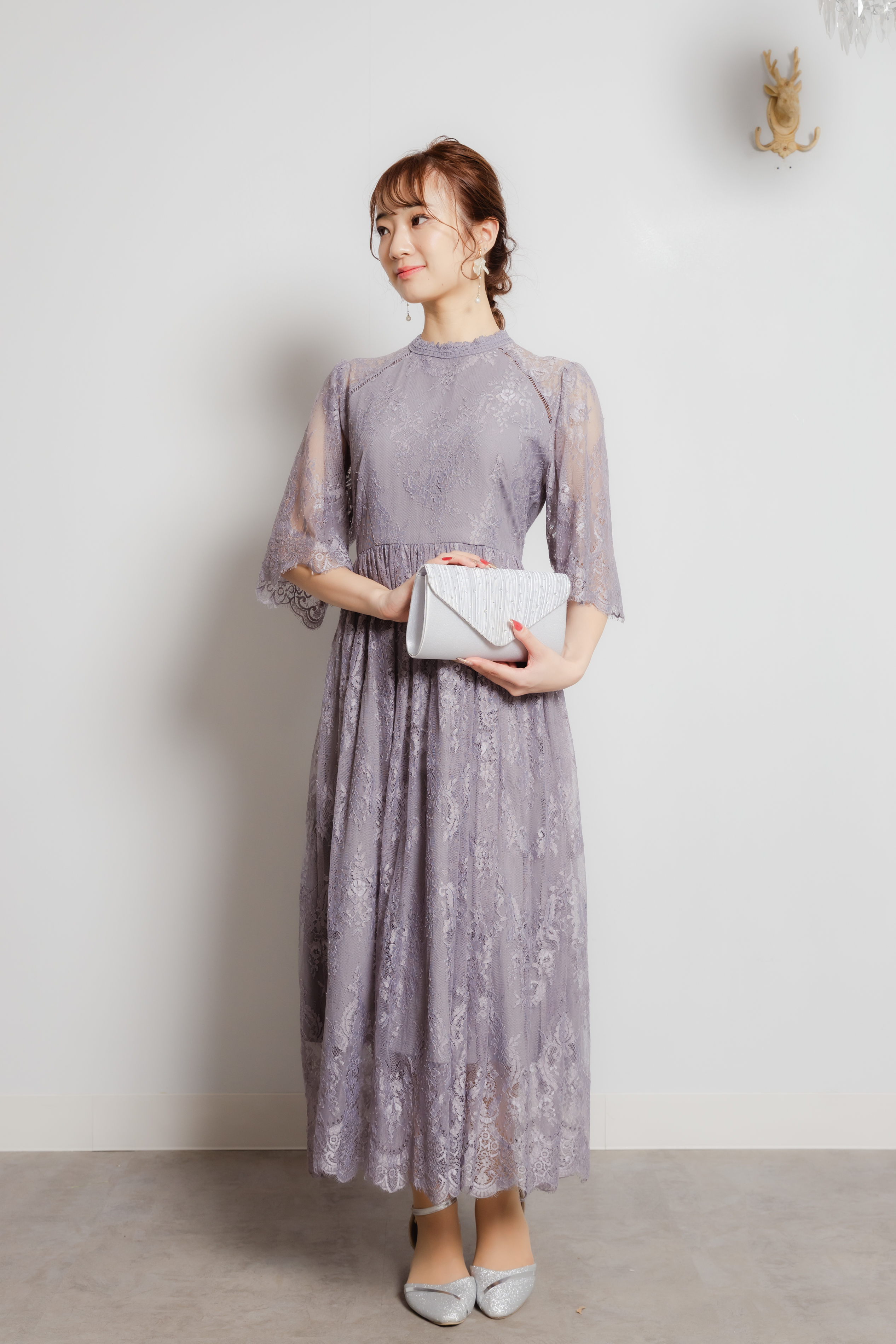 ブルーグレー　5分丈スリーブ総レースドレス　L