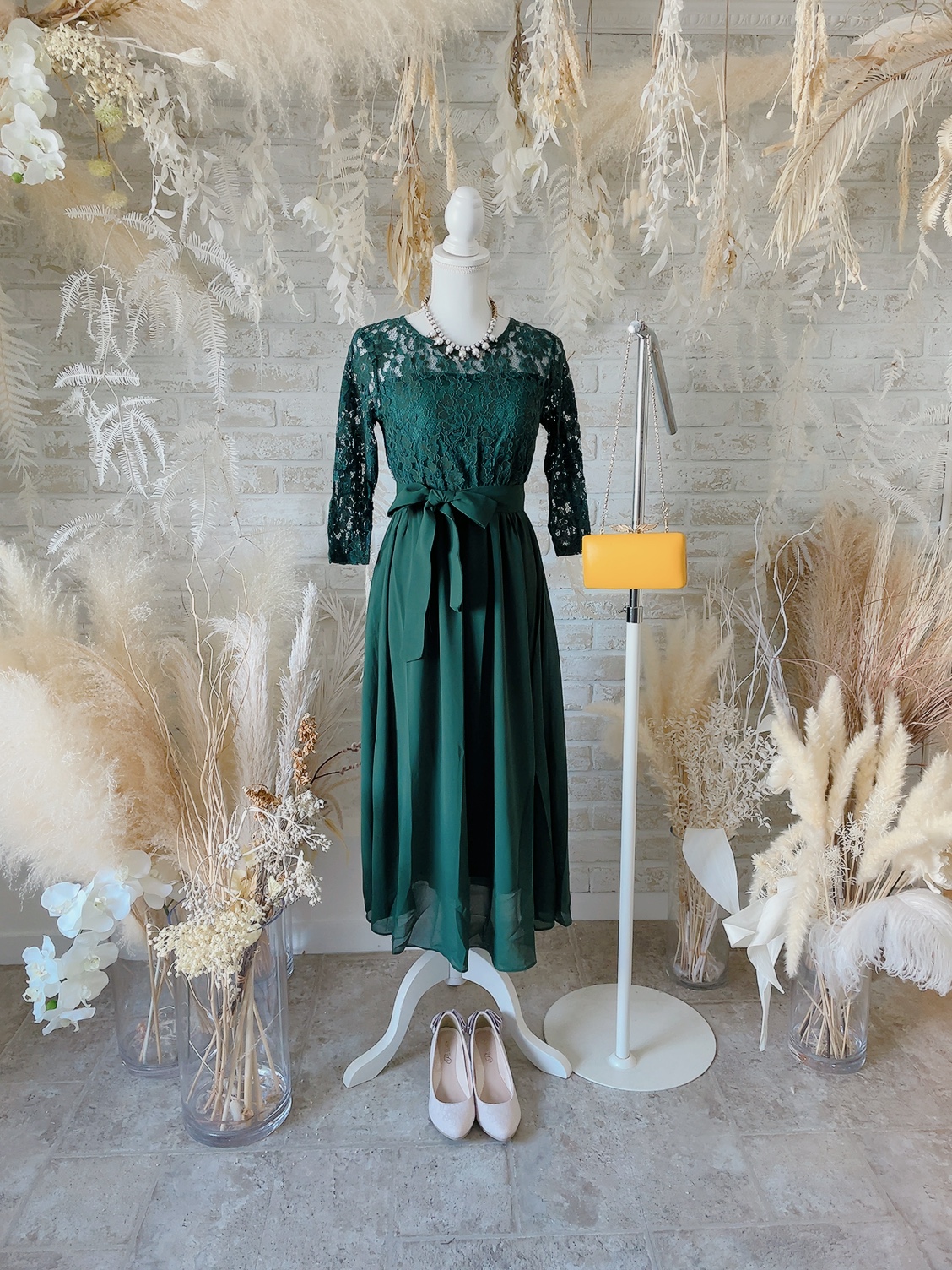 Dark green/ウエスト切り替えシフォンドレス〈S〉