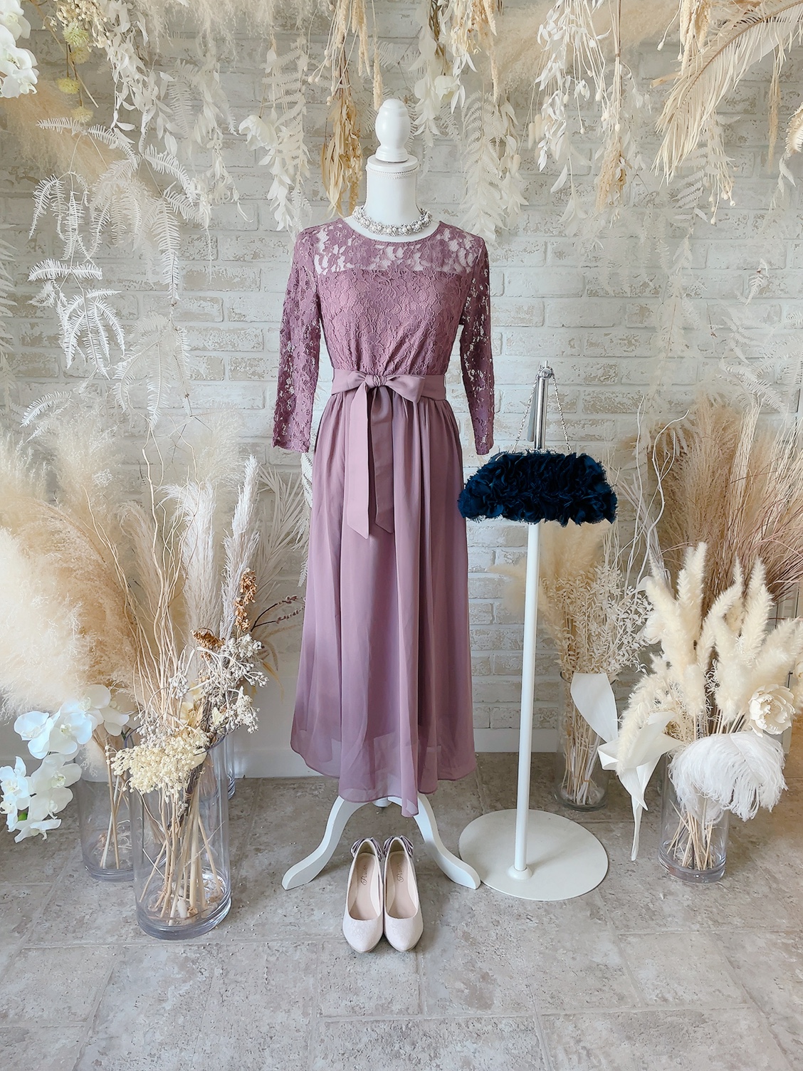 Lavender Pink/ウエスト切り替えシフォンドレス〈M〉