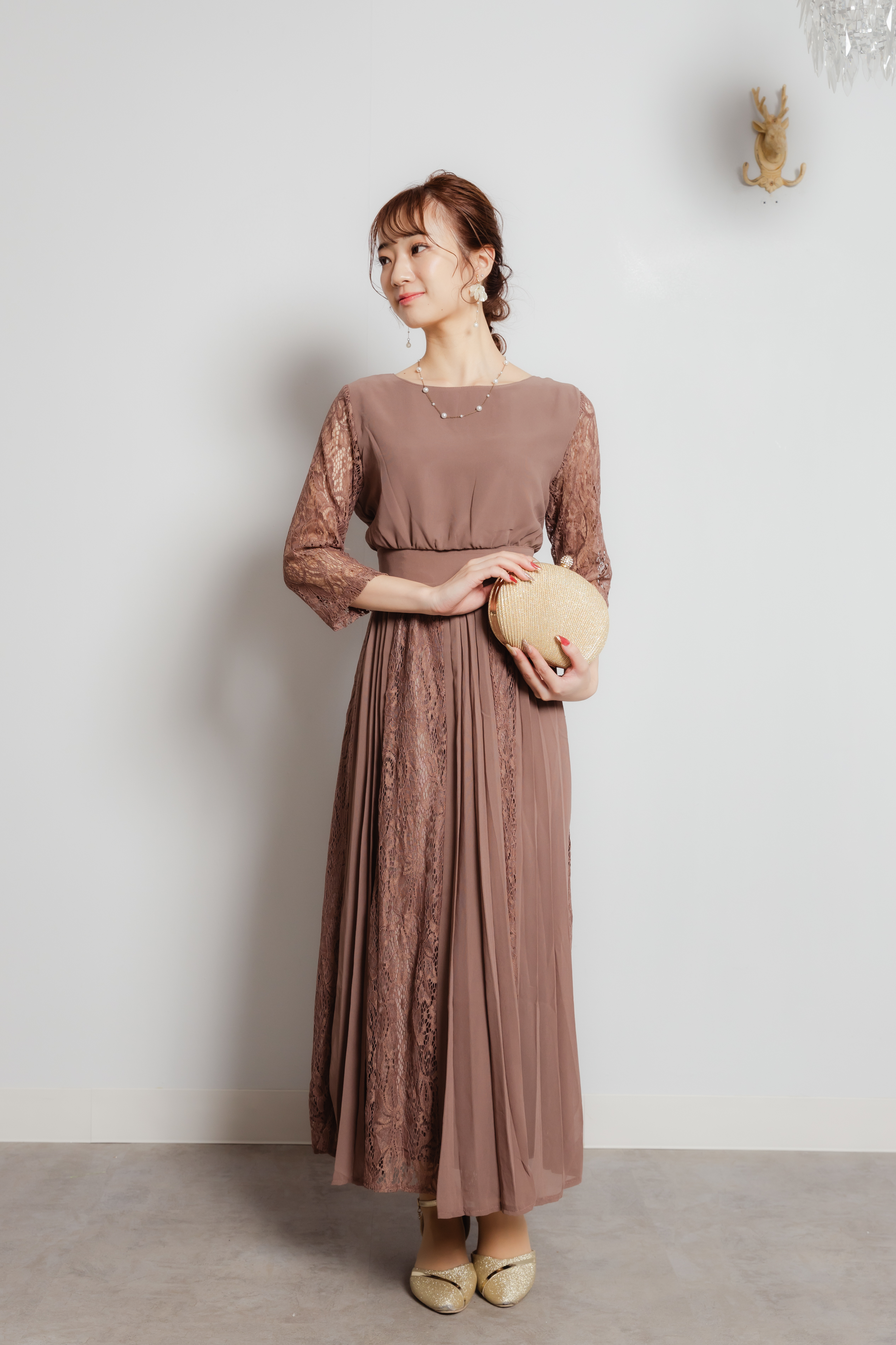 モカ袖レース×プリーツスカート切替ドレス3L