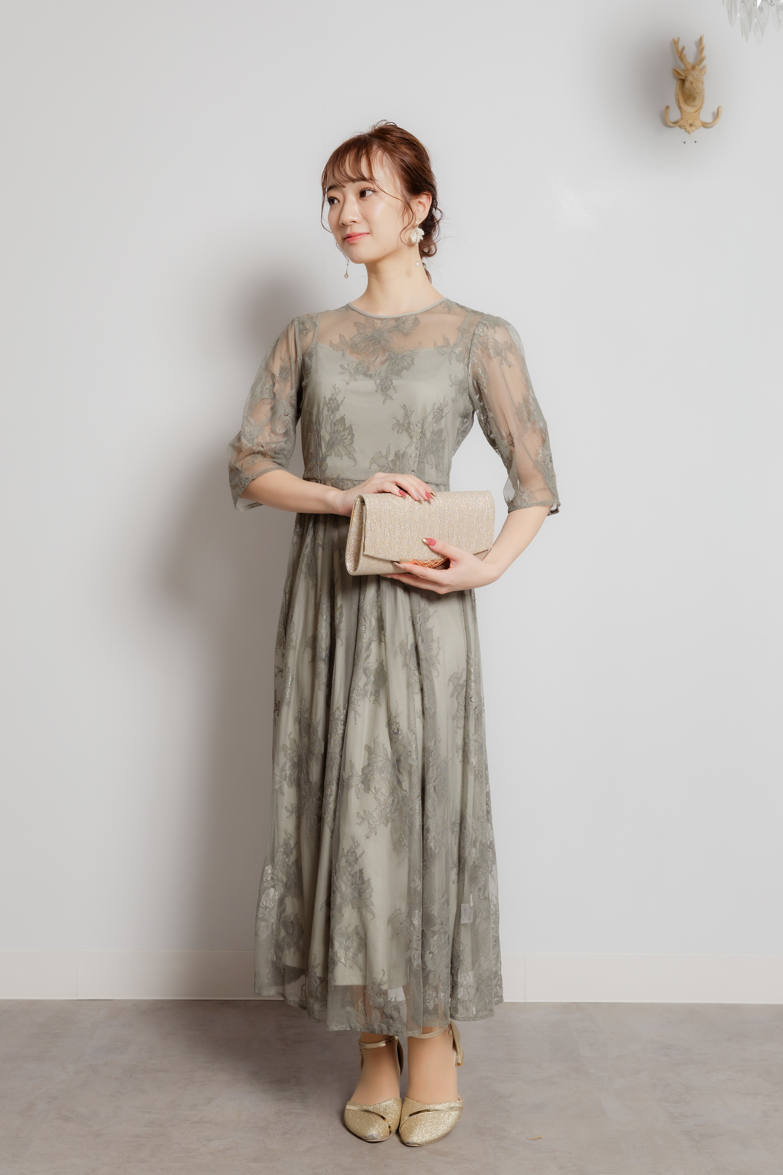 グリーン　バックダブルリボンレースドレス　L