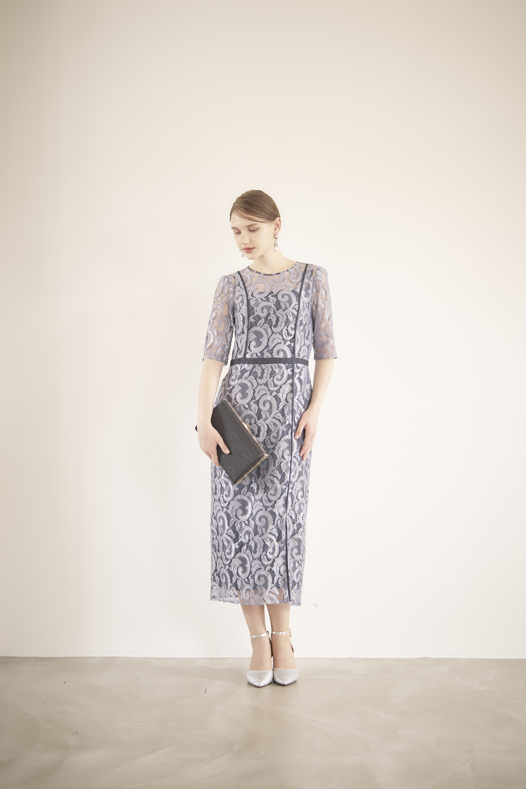 【パーティードレス】ヴィンテージ風五分丈　ブルー グレー　レースタイトドレス　Lサイズ