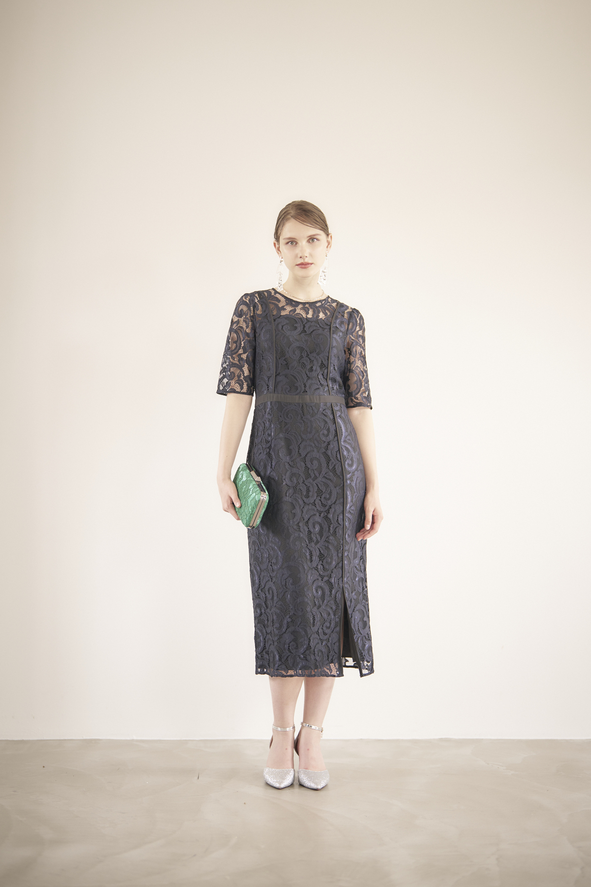 【ゲストドレス】ネイビー　ヴィンテージ風レース　L