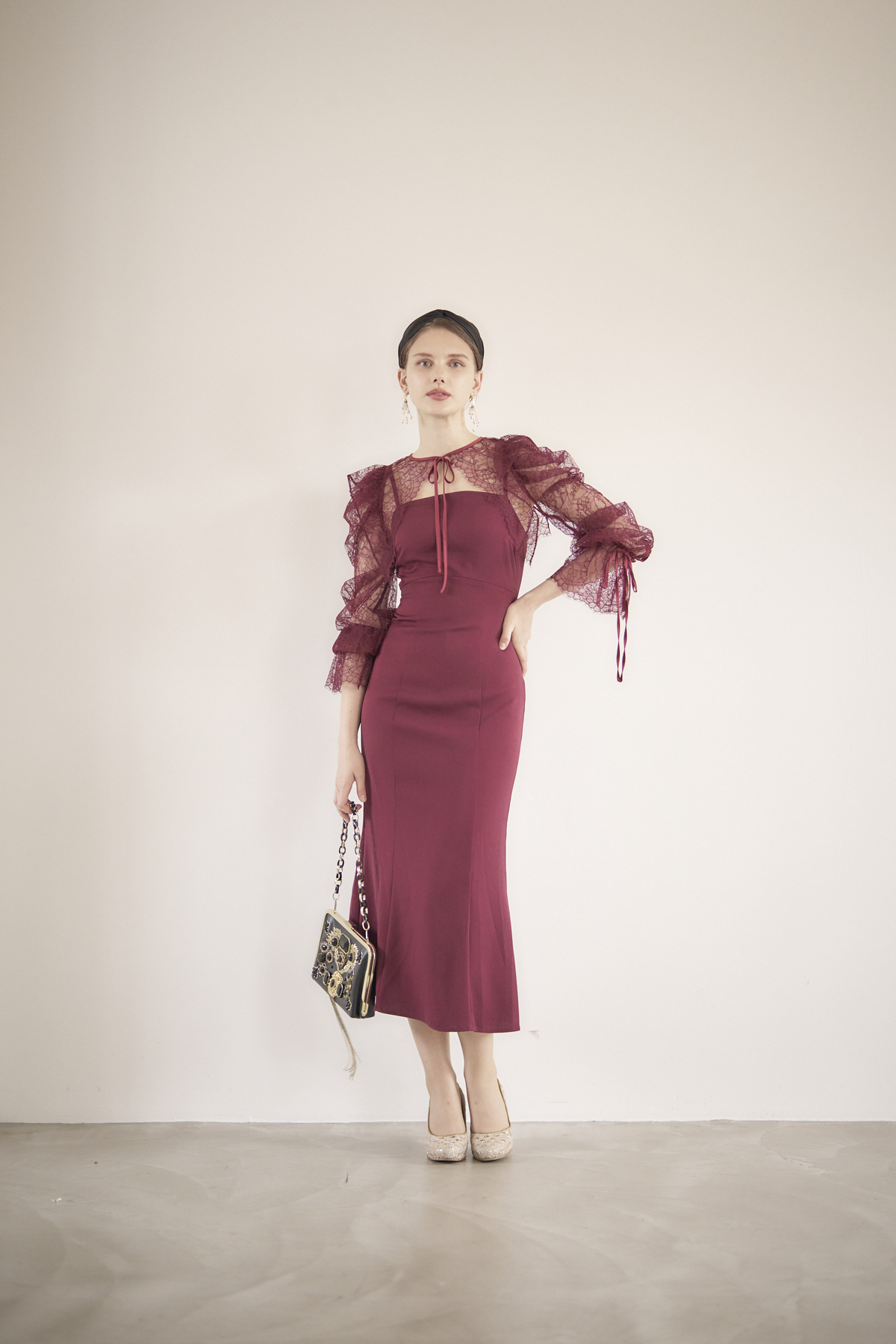 【ゲストドレス】バーガンディー　レースロングスリーブボレロ付き　size0 xs-s  SNIDEL