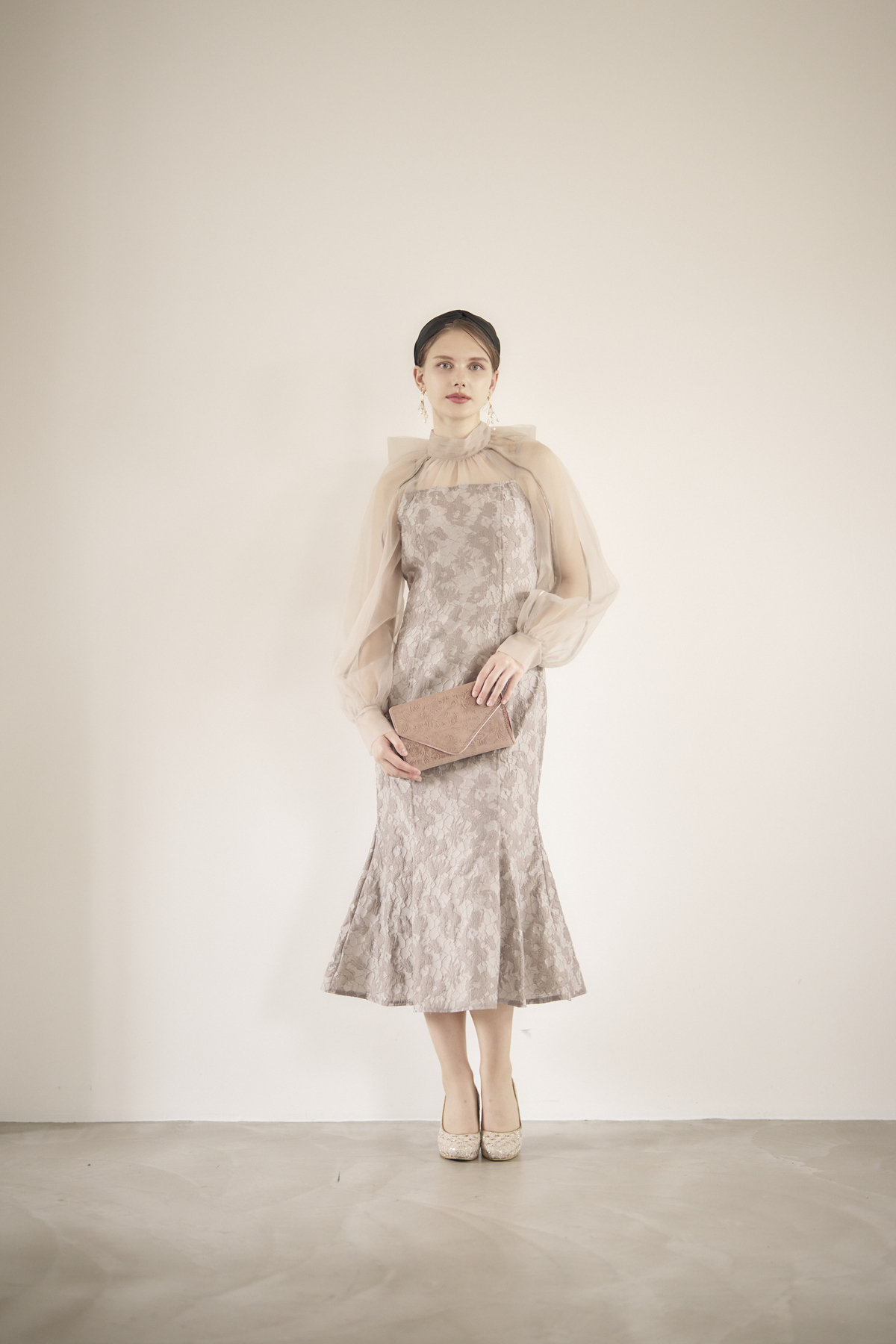 【ゲストドレス】ベージュ花柄×ビックリボンチュール　size1 S-M  FRAY I.D