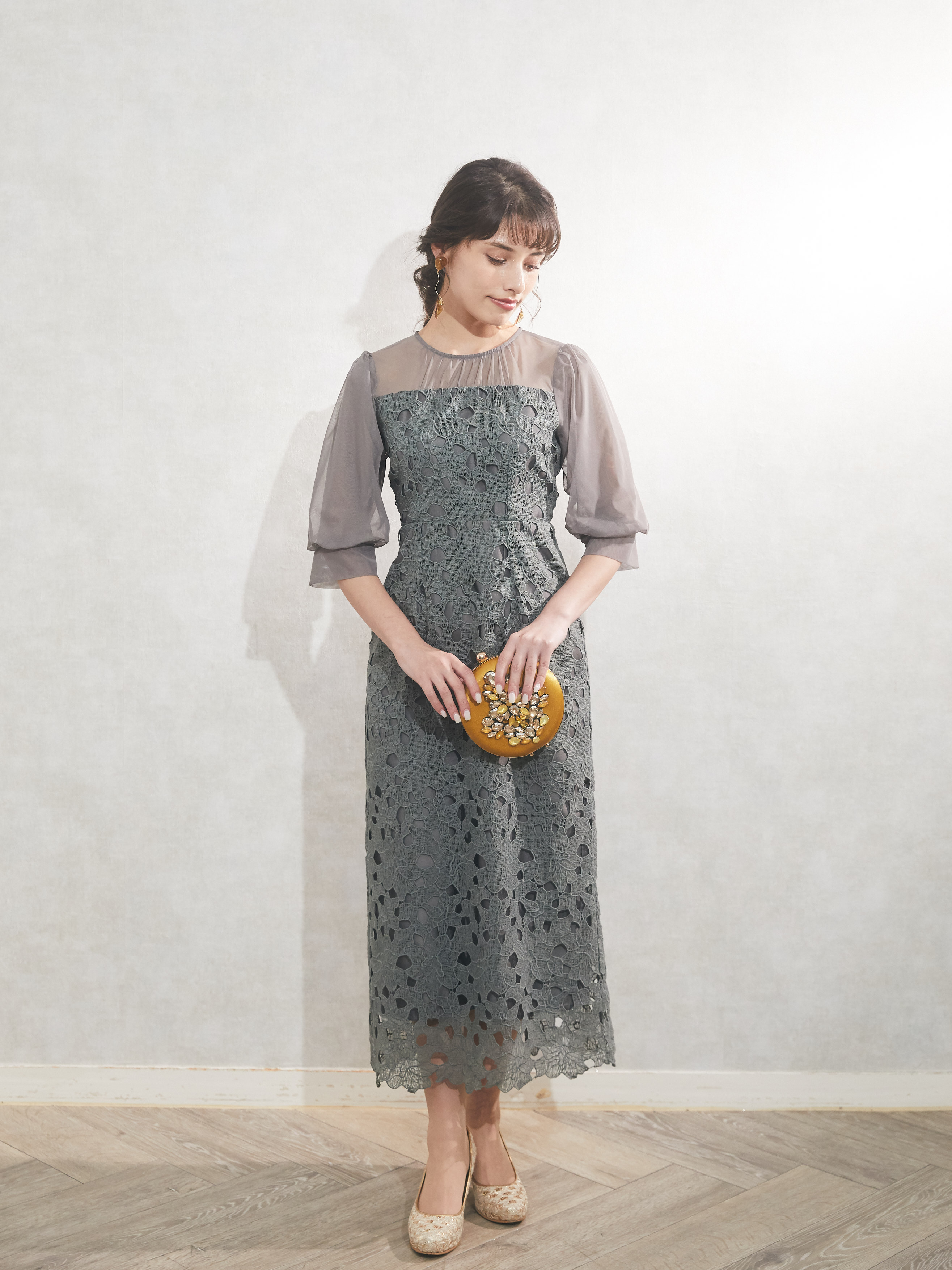 ペンシルスカート七分袖ワンピースドレスM グリーン