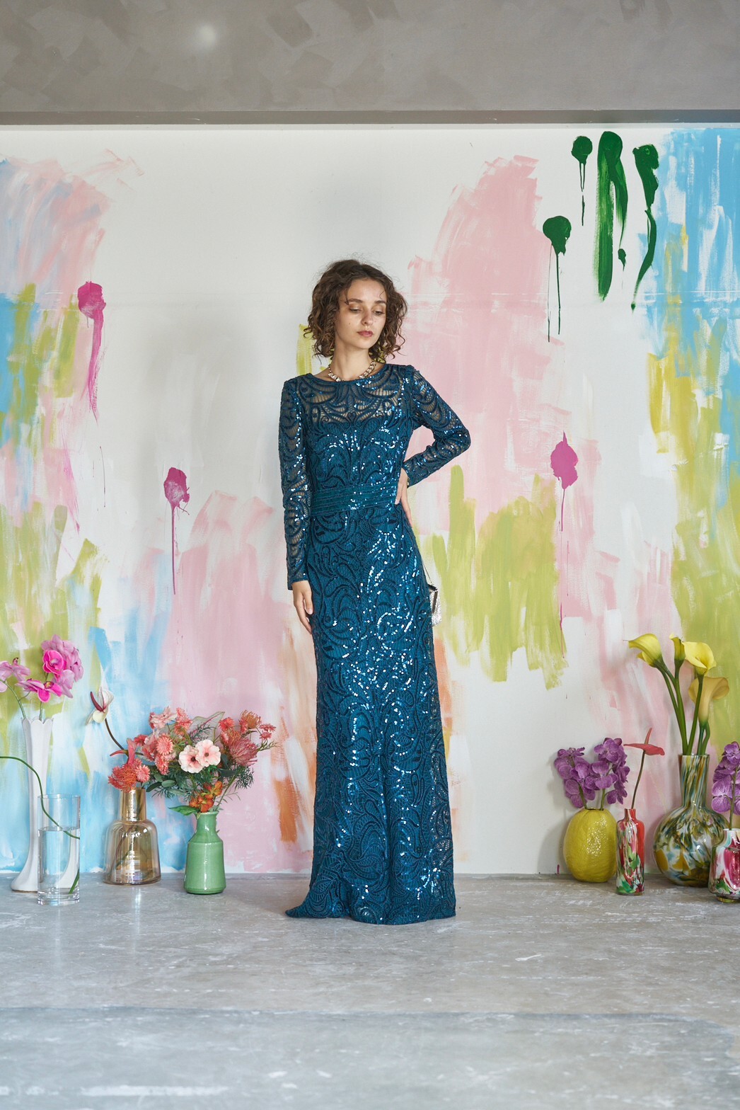 【パーティードレス】ブルーグリーン　スパンコール　US4  M（9号）TADASHI SHOJI