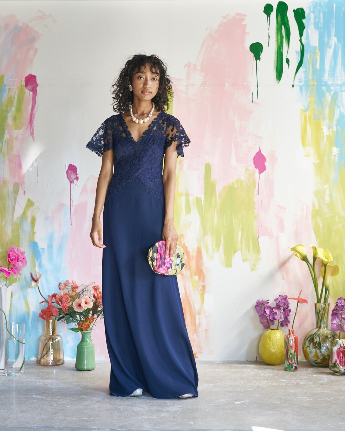 【ゲストドレス】ネイビー　袖レース　US2  S（7号）TADASHI SHOJI